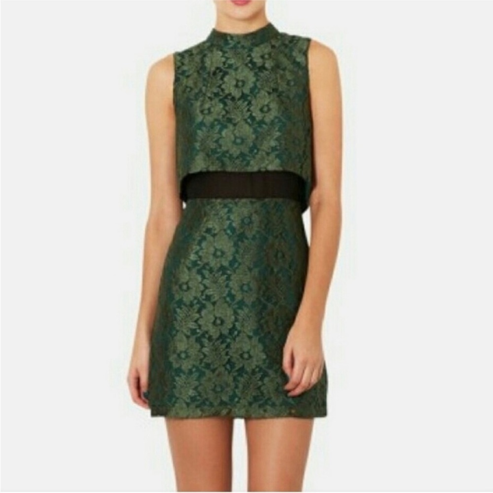 TOPSHOP Green Floral Lace Overlay Dress - US 8